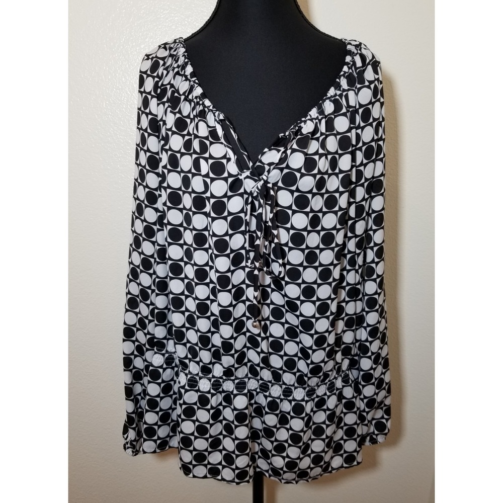 Ellen Tracy Womans Large Black & White Blouse Boho Retro Office Hippie Peasant